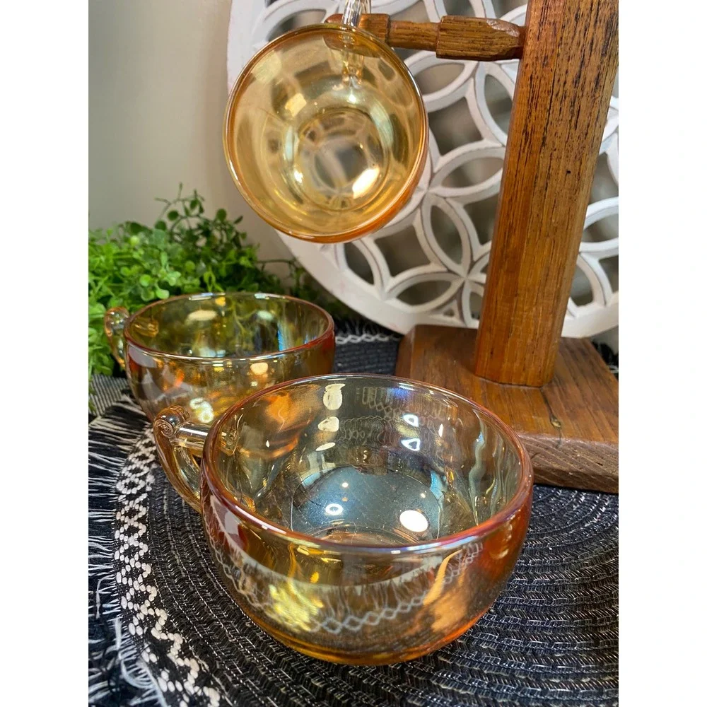 Vintage Fire-King Peach Lustre Tea‎ Cups Set of 6 Iridescent Copper Glass Mugs